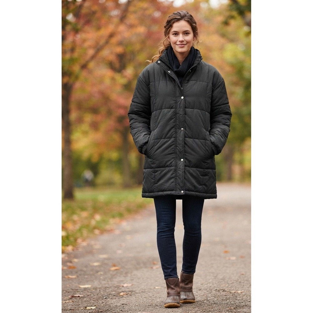 Forever 21 Womens Black Quilted Puffer Jacket Mid-Length Zip Snap Coat Large NEW